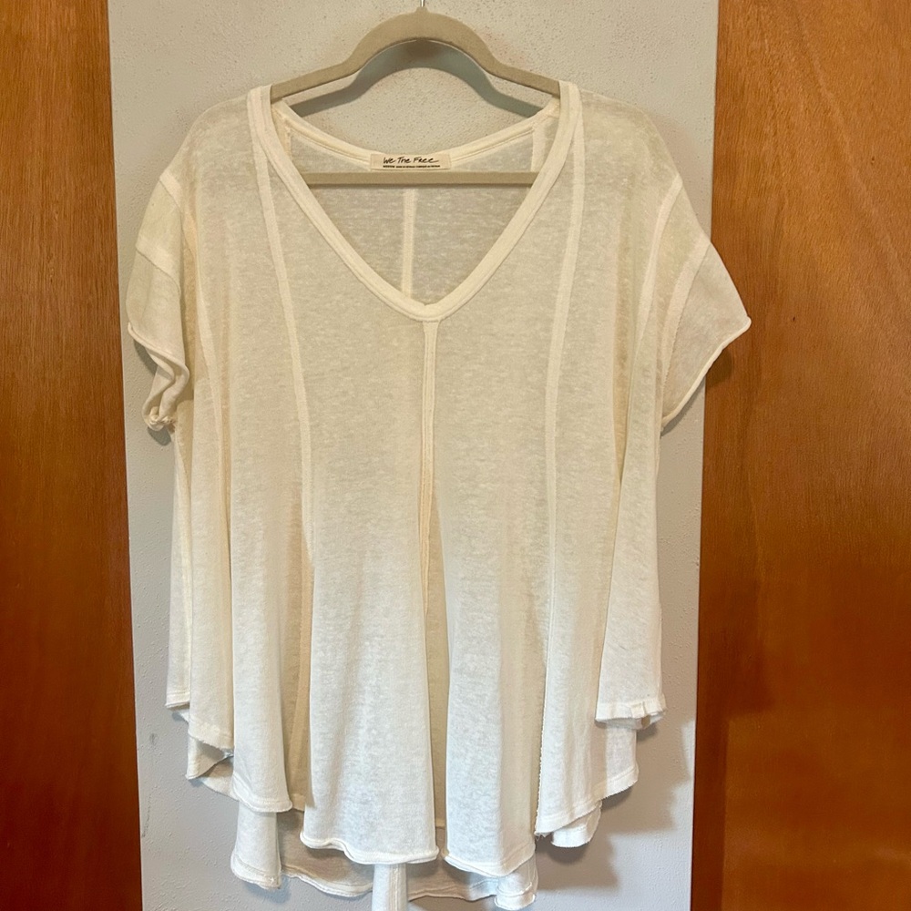 Free People We The Free Cream Asymmetrical Short Sleeve Tunic Shirt; size medium
